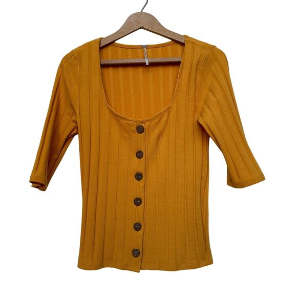 Free People Sweaters - Free People Mustard Yellow Ribbed Button-Up Top – Size M